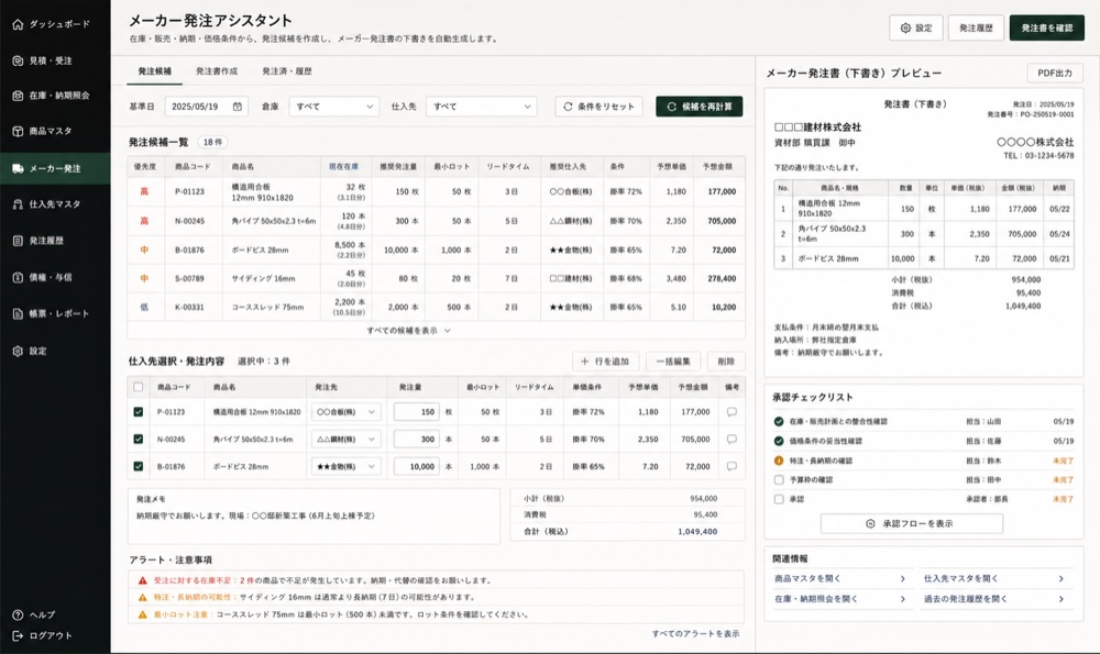 メーカー発注をまとめる画面
